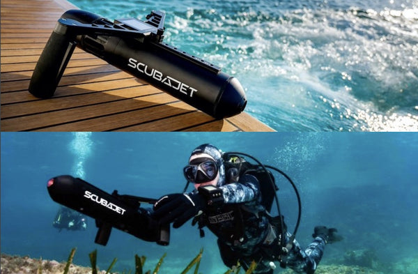 Closeup of the ScubaJet on the top half of the image. A diver using a ScubaJet in the bottom image.