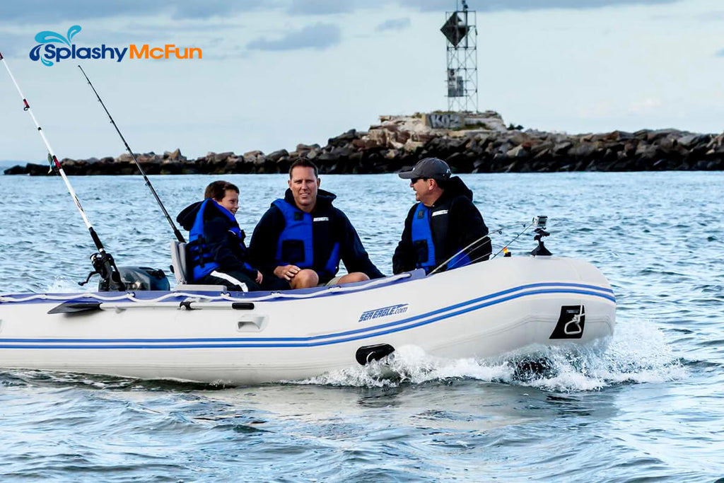 A family on the Sea Eagle 14' Sport Runabout Inflatable Boat on the water.