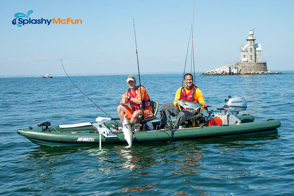 The Sea Eagle FishSkiff 16 out in the sea with 2 fishermen onboard with complete fishing equipment.