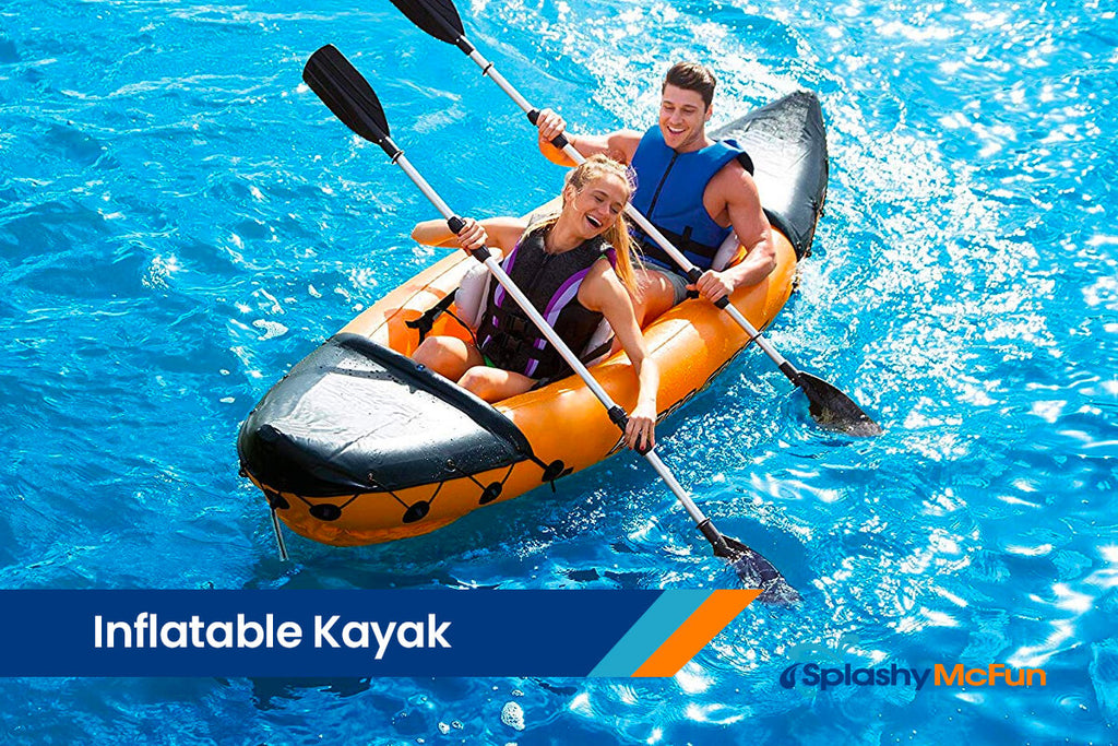 This is an orange inflatable kayak with 2 people on it, paddling the water.