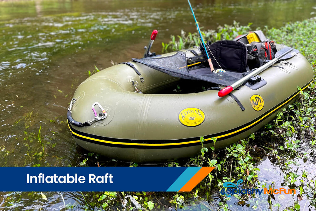 A photo of an army green inflatable raft docked on a lakeside.