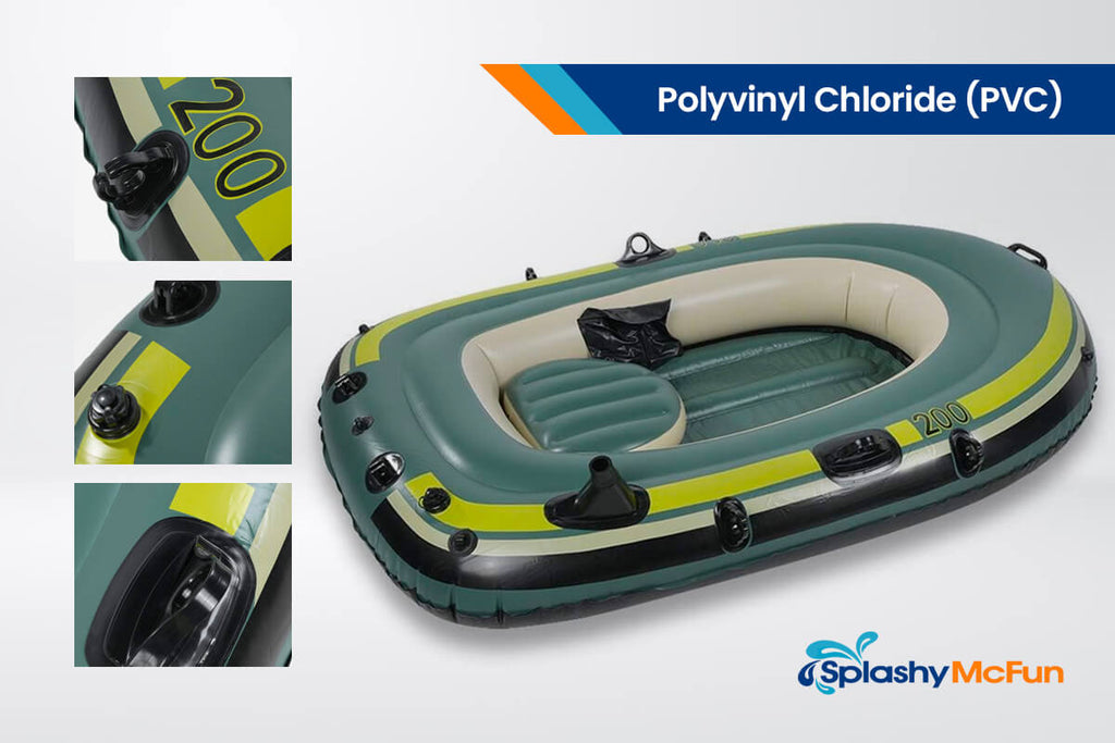 A collage of photos showing the parts of an inflatable boat made with Polyvinyl Chloride (PVC).