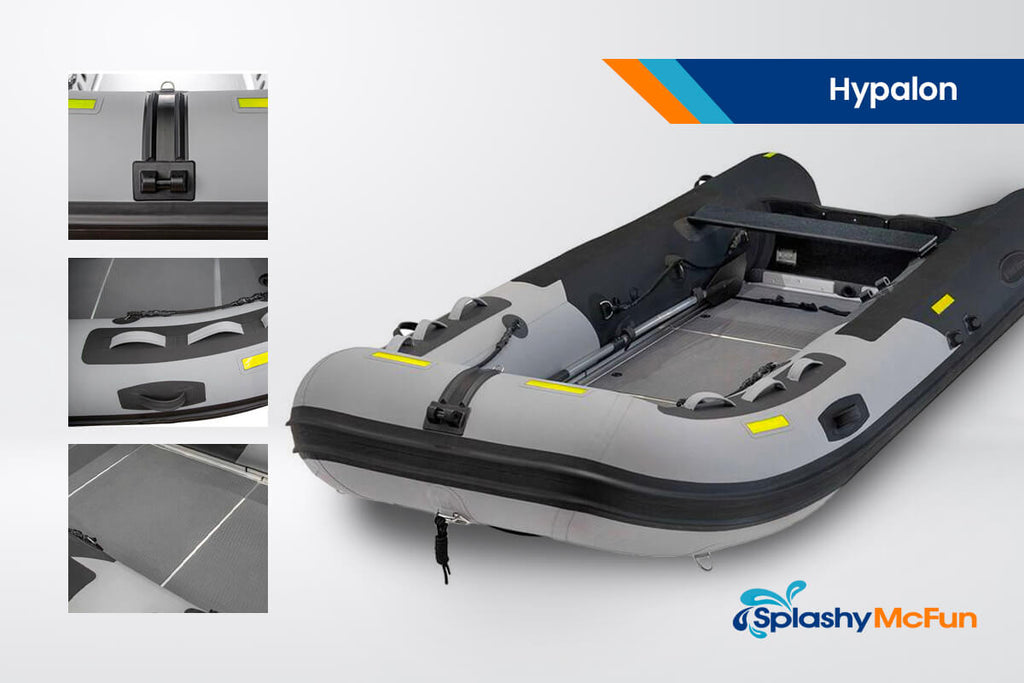 A collage of photos showing parts of an inflatable boat made with Hypalon material.