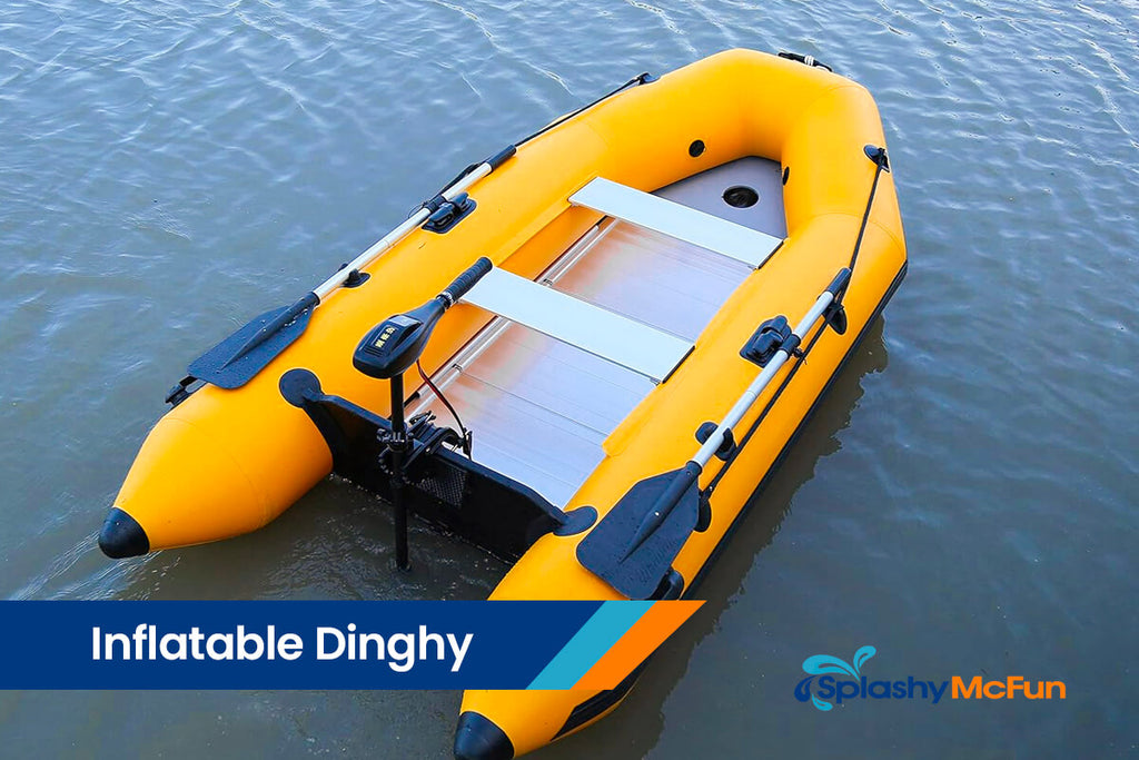 This is a yellow black inflatable Dinghy floating on the water with no rider.