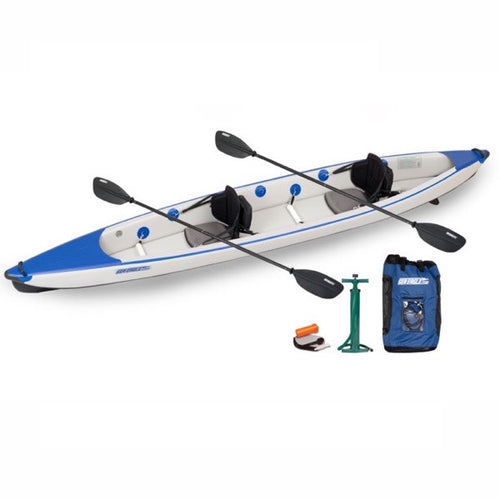 Blue and Grey Sea Eagle RazorLite 473rl Tandem Inflatable Kayak  top display view with the bag and pump sitting next to the Sea Eagle inflatable Kayak. 