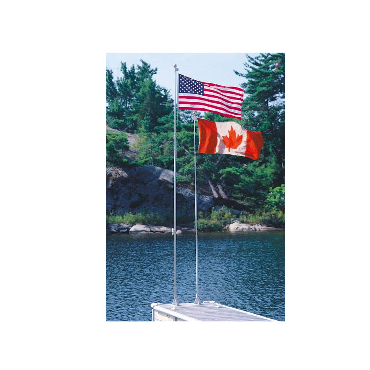 Dock Edge 21 foot Flexi-Flagpole with USA flag flying in the wind. white background.