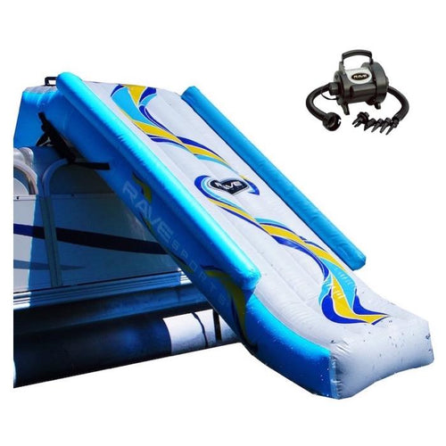 Rave Pontoon Boat Slide in place on the side of a pontoon, white background. The inflatable pontoon slide is white with yellow and light blue highlights.  The Rave 12v high pressure air pump is also shown.  It is black and gray with the Rave logo.