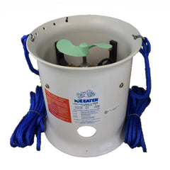 Bearon Aquatics P1000 1 Hp Ice Eater. White shroud, green propellor, blue mooring ropes.