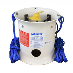 Bearon Aquatics P500 Ice Eater. 1/2 HP Dock De-Icer. We see the white cylinder shroud and the yellow propellor. 2 blue mooring ropes are attached.