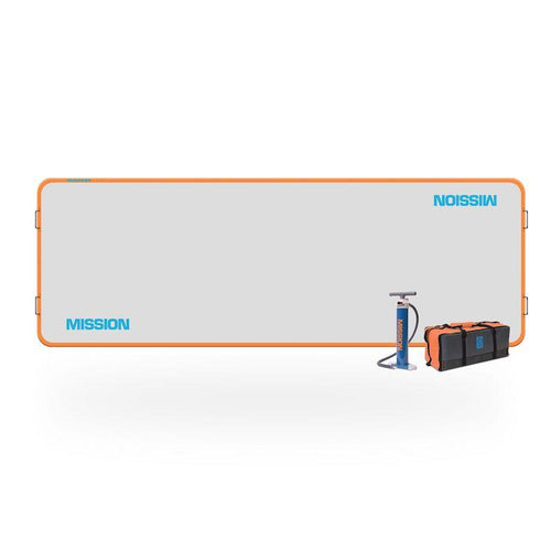 Mission Reef Inflatable Floating Docks this 123 square foot inflatable dock is rectangular.  The surface is light grey and the border is orange. Mission Reef Inflatable Dock is in light blue.  Thee air pump and storage bag are also pictured.