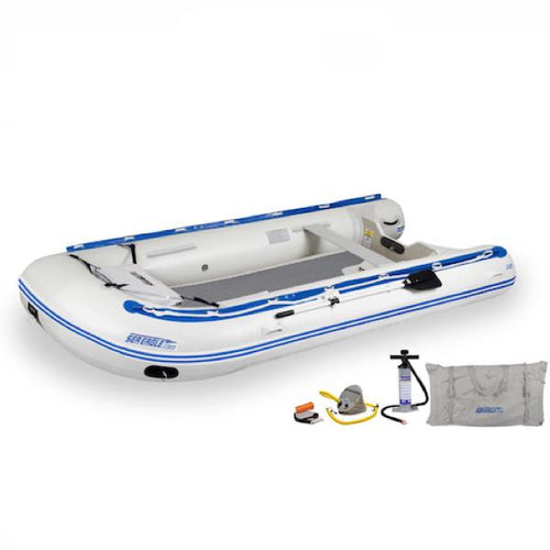 Sea Eagle 14' Sport Runabout Inflatable Boat top view with the bag and pump sitting next to the white Sea Eagle inflatable boat with blue lettering.