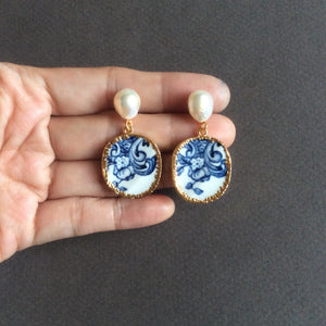 Blue and white chinoiserie porcelain earrings with freshwater pearl studs