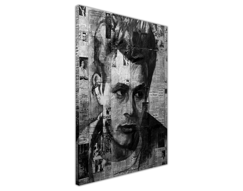 Black And White Newspaper Montage Of James Dean On Framed Canvas Wall Prints Celebrity Pictures Home Decoration Canvasitup