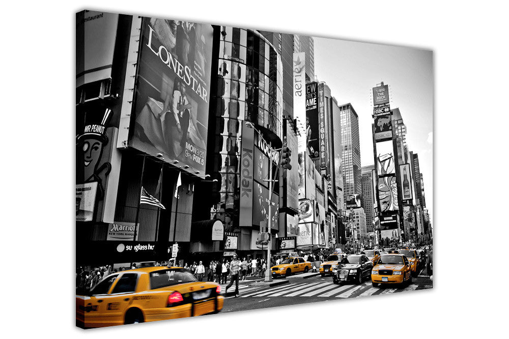 Black And White New York Times Square With Yellow Taxis On Framed Canvas Wall Art Prints Pictures City Images Landmarks Canvasitup