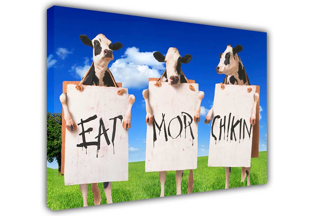 Cows With Sign Eat More Chicken On Framed Canvas Wall Art Prints Room Deco Poster Photo Landscape Pictures Home Decoration Artwork Canvasitup