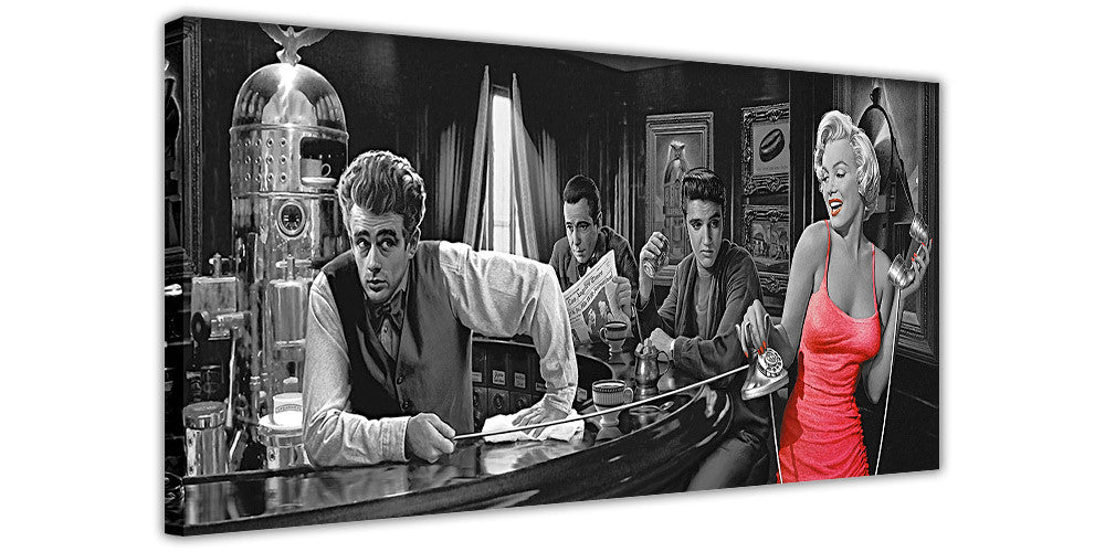 Black And White Marilyn Monroe Elvis James Dean Humphrey Bogart In A Bar On Framed Canvas Wall Art Prints Pictures Celebrity Images Famous People Canvasitup