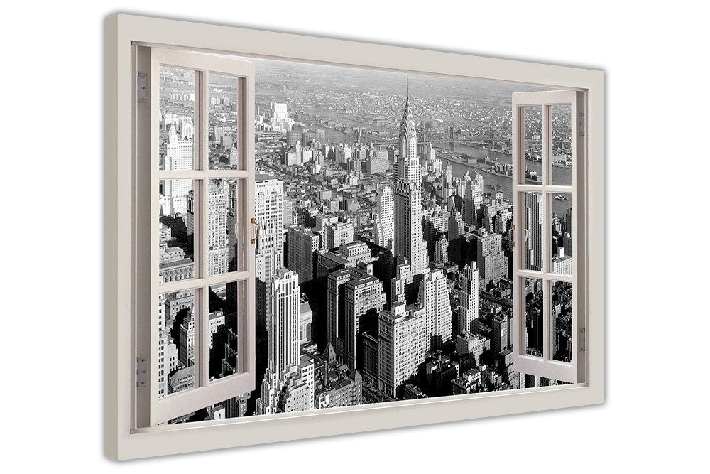 Black And White 1930s New York City 3d Window Bay View On Canvas Print