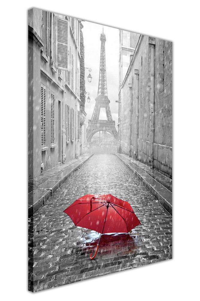 Black and White Eiffel Tower in Paris with Red Umbrella on Framed