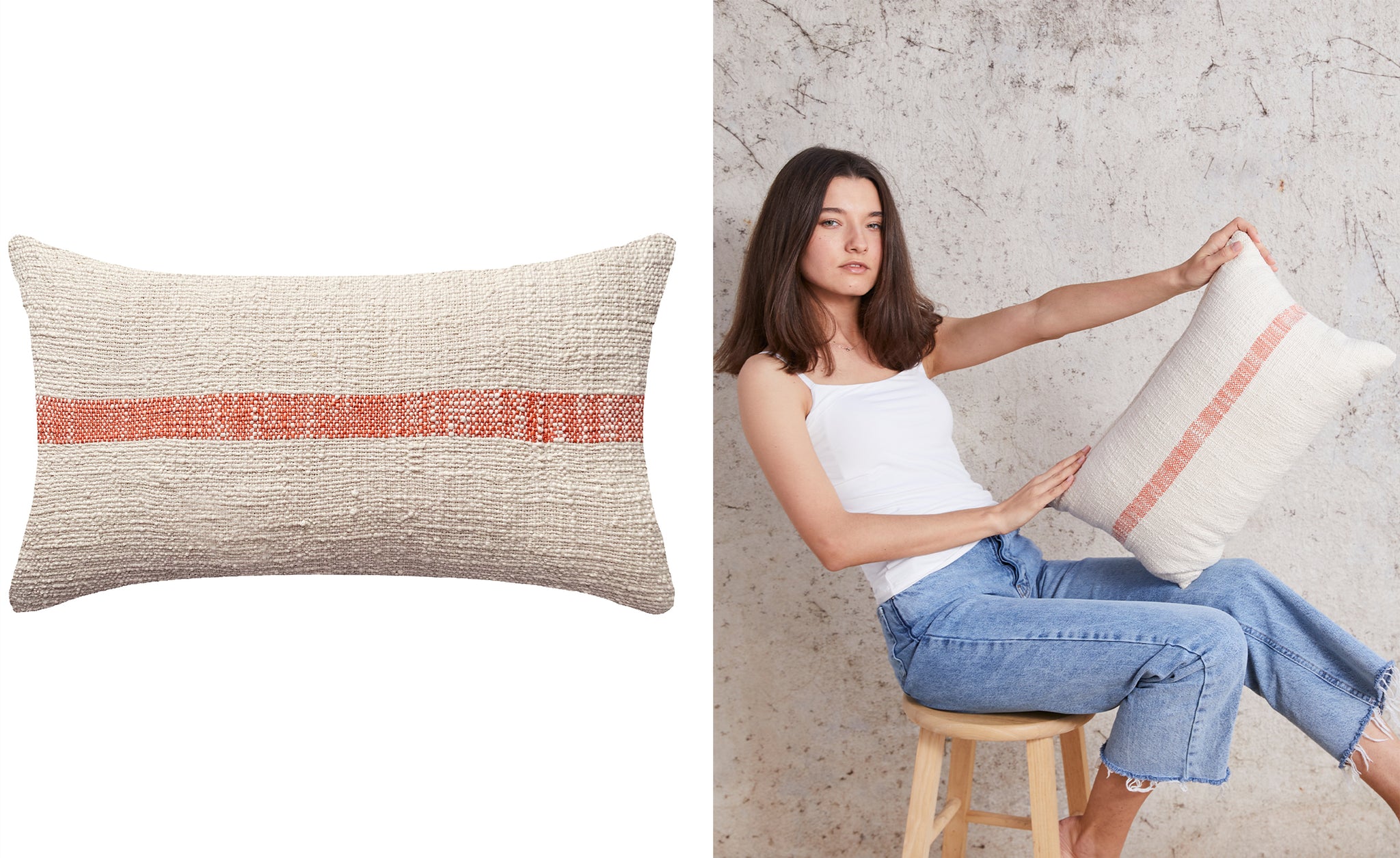 natural colored lumbar style pillow with single horizontal orange stripe