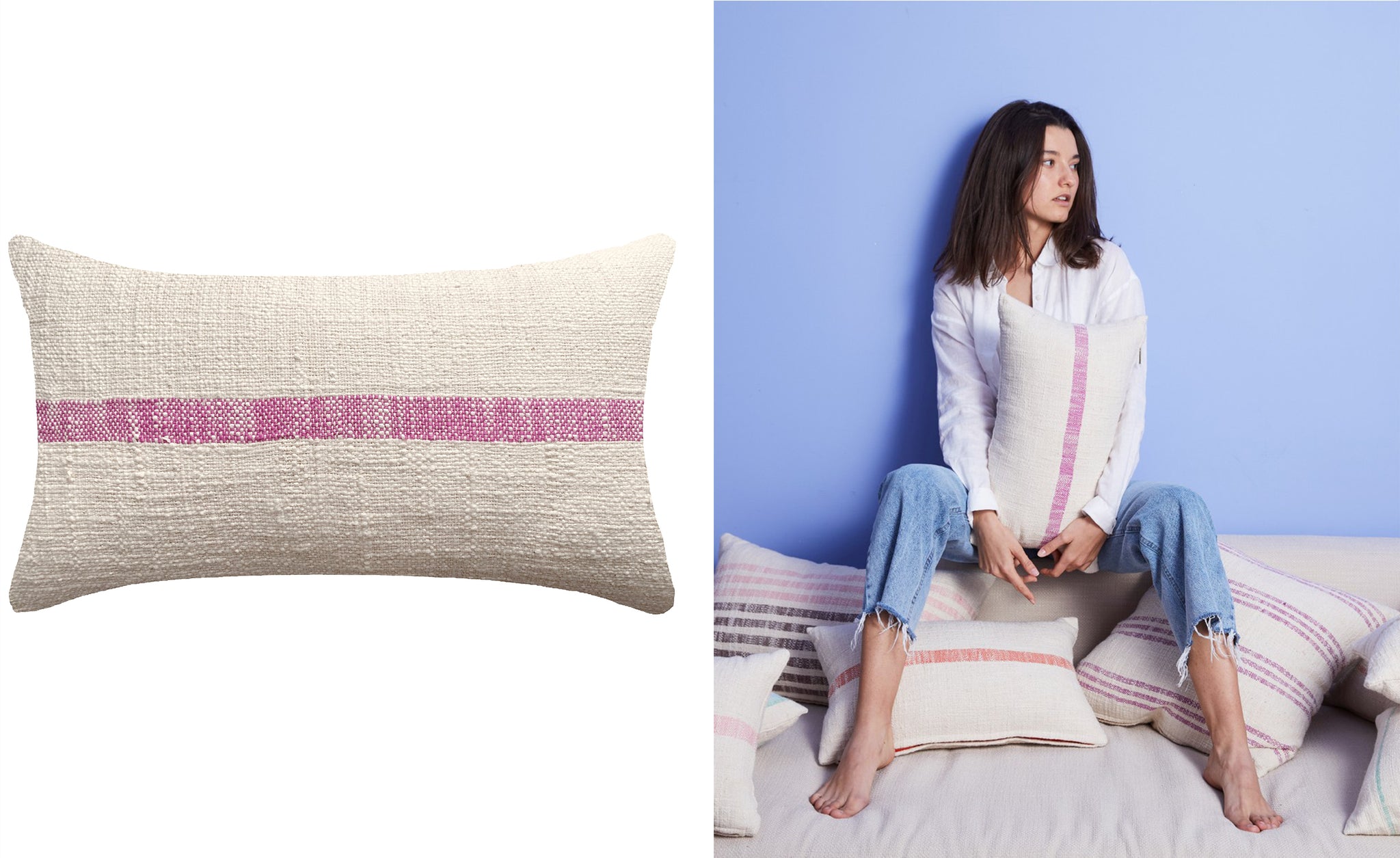 Natural colored lumbar style pillow with single horizontal purple stripe