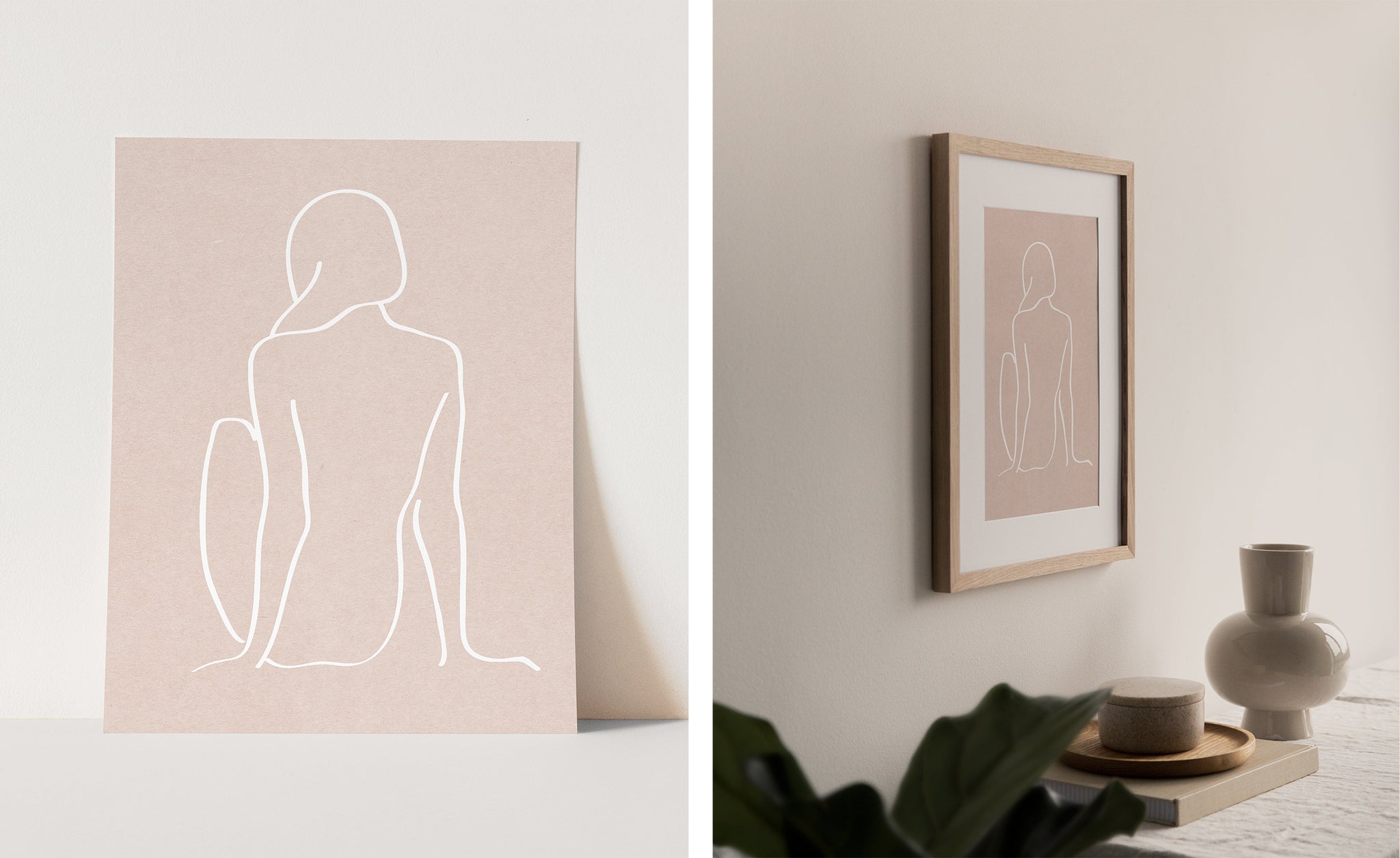 Wall art print of line-drawn woman sitting with back turned on light pink background