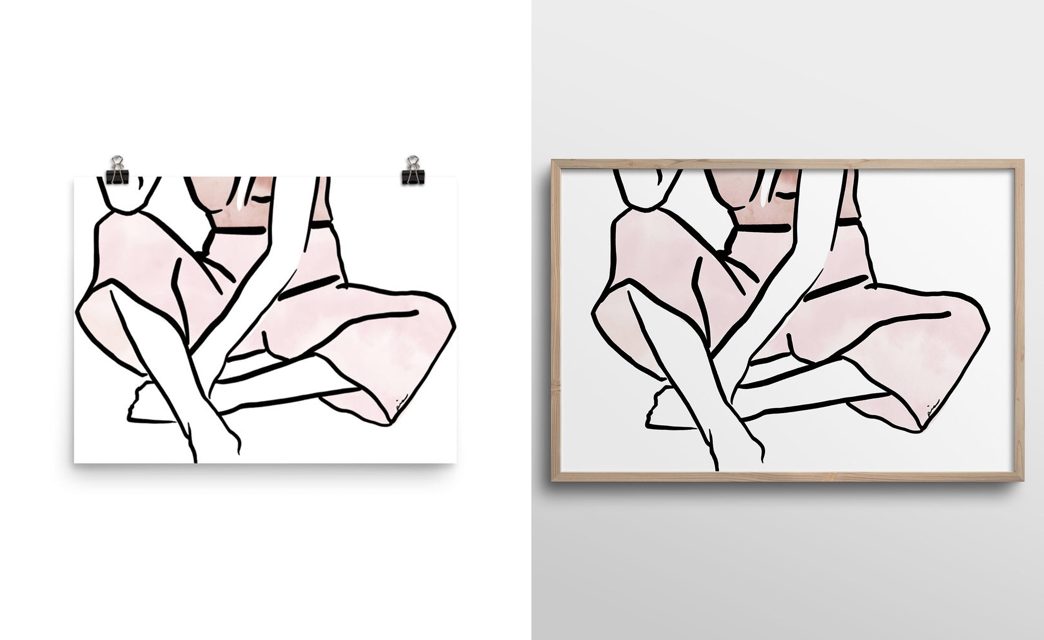 Wall art print of drawn woman sitting down wearing pink pants