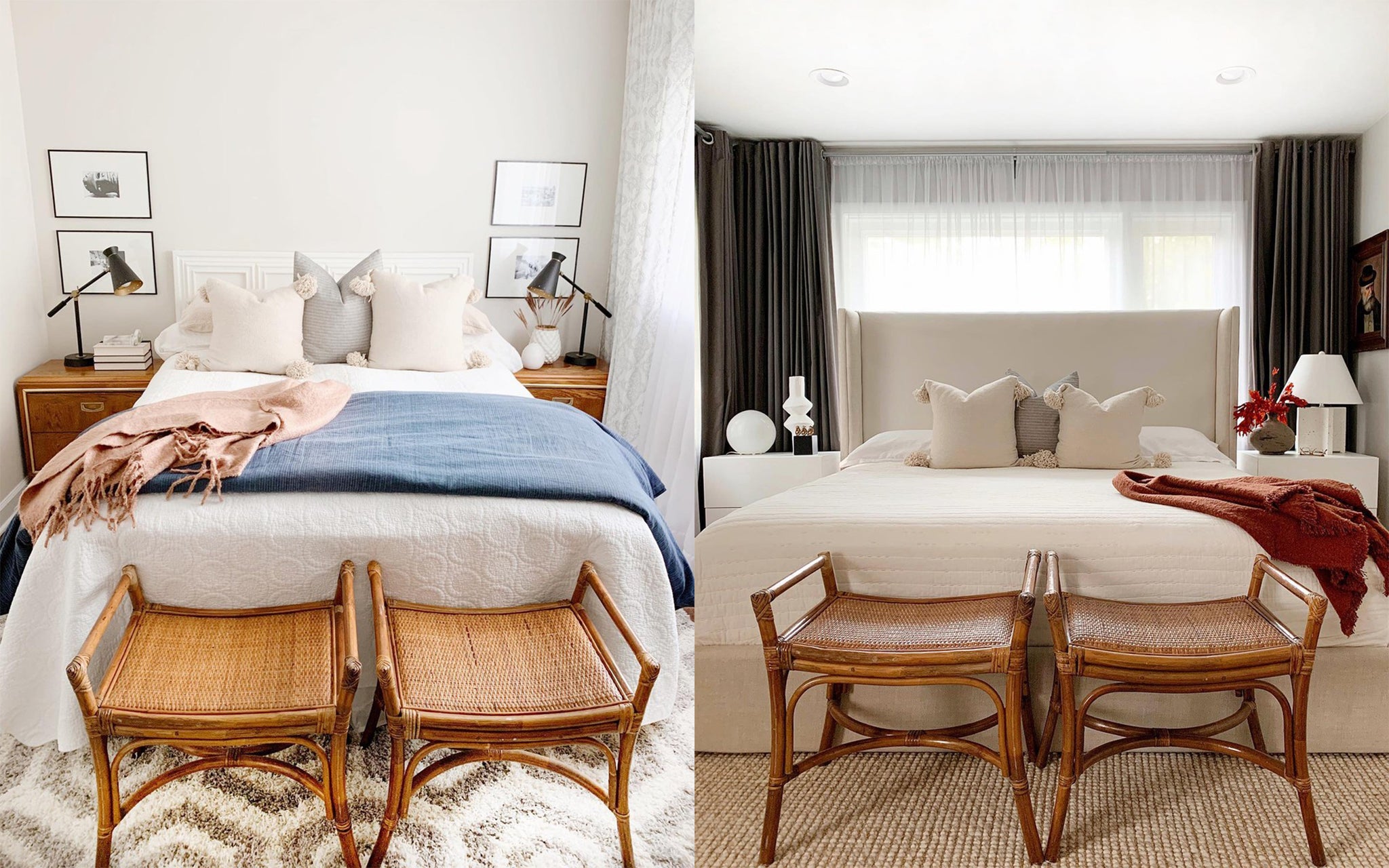 two bedroom setups side by side. Left is brighter with blue and pink blanket and white pillows. Right is darker with maroon blanket, grey curtains and white pillows.