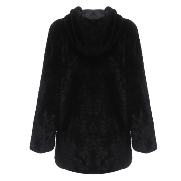 Stylish Hooded Long Sleeve Faux Fur Pure Color Warm Coat for Ladies