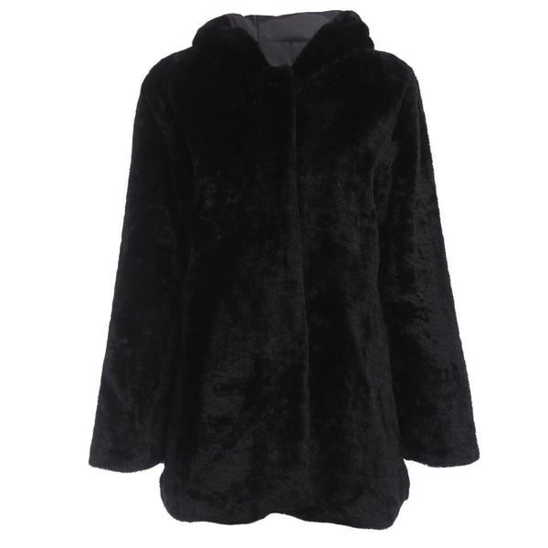 Stylish Hooded Long Sleeve Faux Fur Pure Color Warm Coat for Ladies