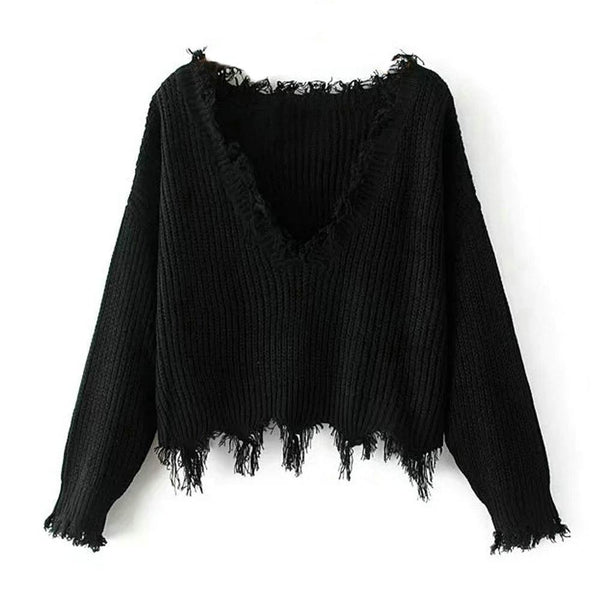 3 Colors Women Jumpers V Neck Raw Trim Rib Knitted Sweater Long Sleeve