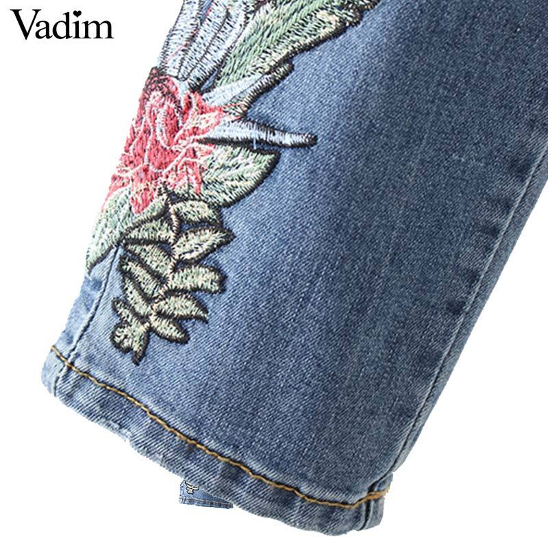 Women vintage floral embroidery denim jeans holes pockets full length