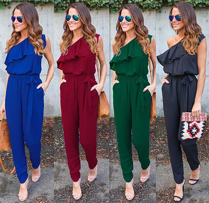 One Shoulder Plain Casual Playsuits