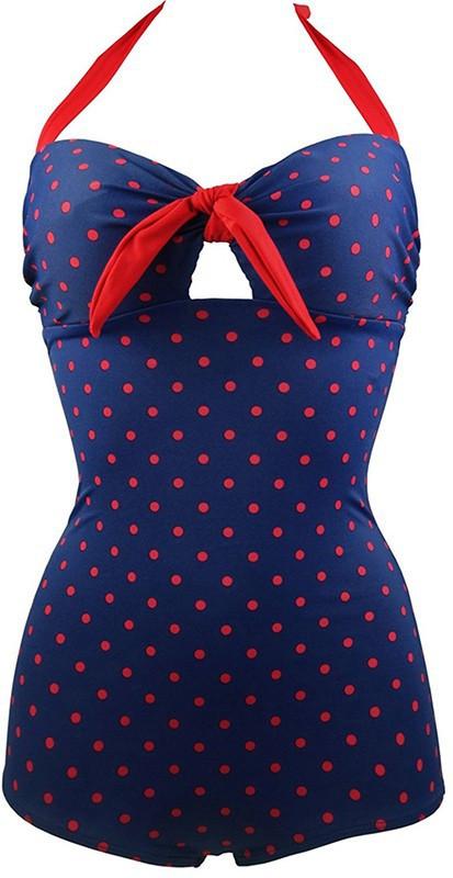 Sexy Swimwear Women Vintage Style One piece Dot Print Bow knot Sweethe