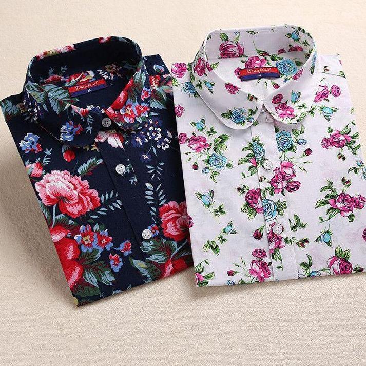 Dioufond Floral Shirts Women Blouses Blouse Cotton Blusa Feminina Long
