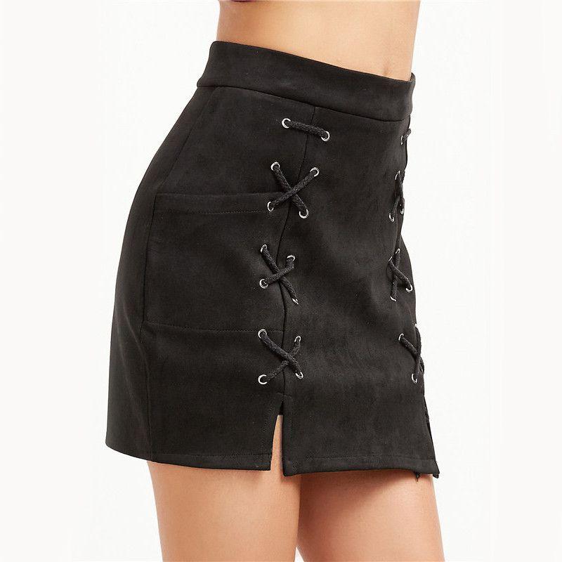 COLROVIE Faux Suede Skirt Retro Skirts Suede Mini Skirt Sexy Black Sue