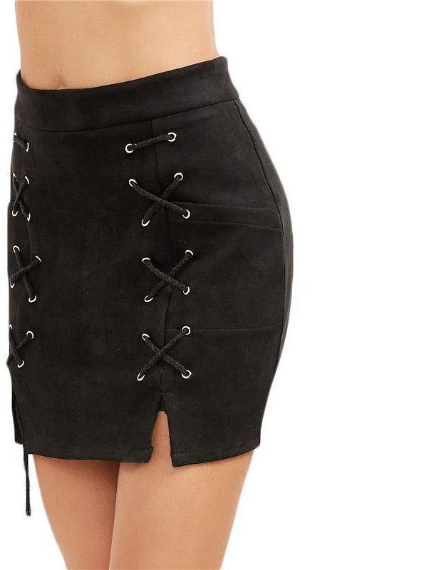 COLROVIE Faux Suede Skirt Retro Skirts Suede Mini Skirt Sexy Black Sue