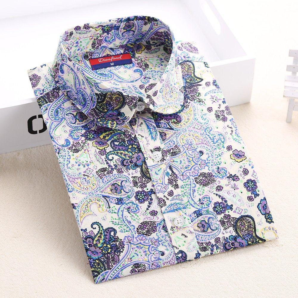 Dioufond Floral Shirts Women Blouses Blouse Cotton Blusa Feminina Long