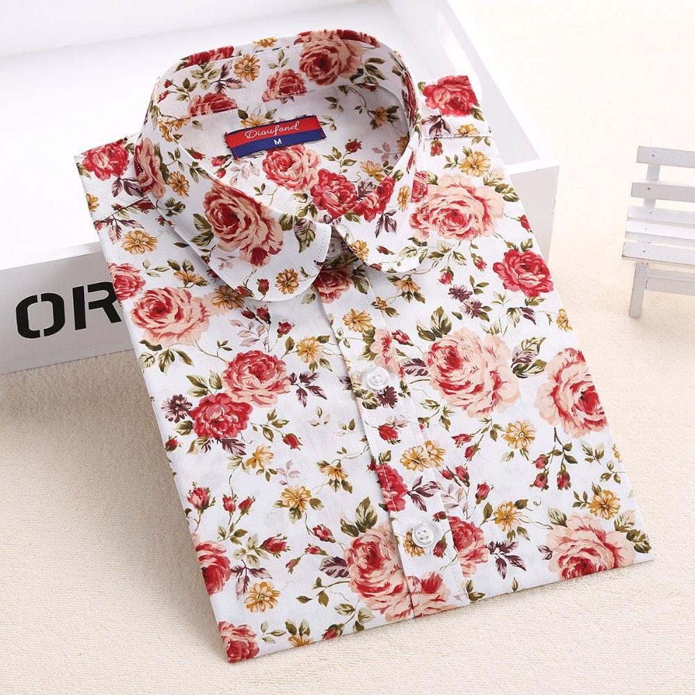 Dioufond Floral Shirts Women Blouses Blouse Cotton Blusa Feminina Long