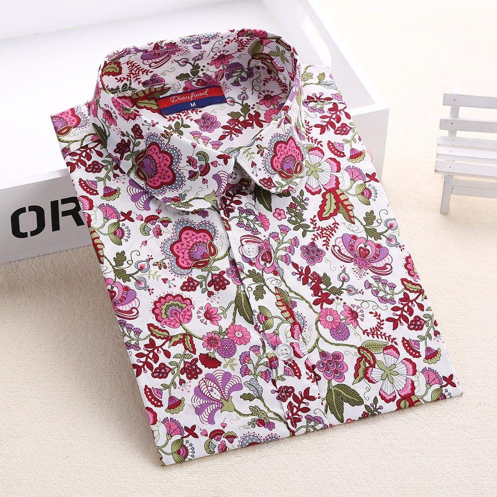 Dioufond Floral Shirts Women Blouses Blouse Cotton Blusa Feminina Long