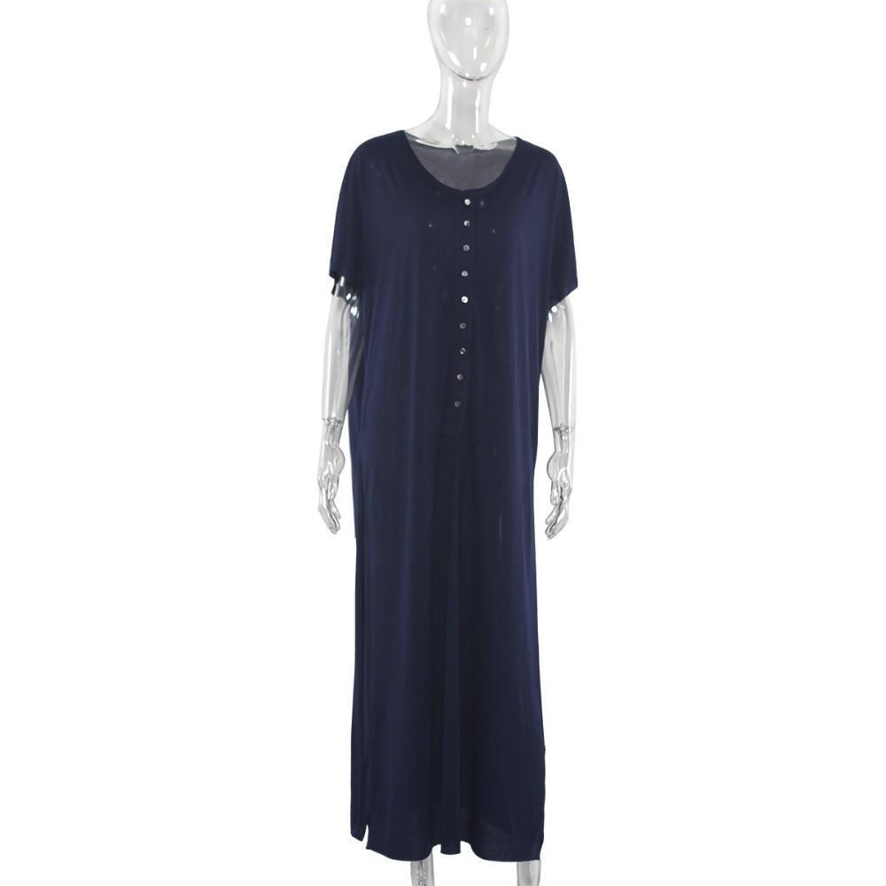 O-Neck Button Placket Maxi Dress