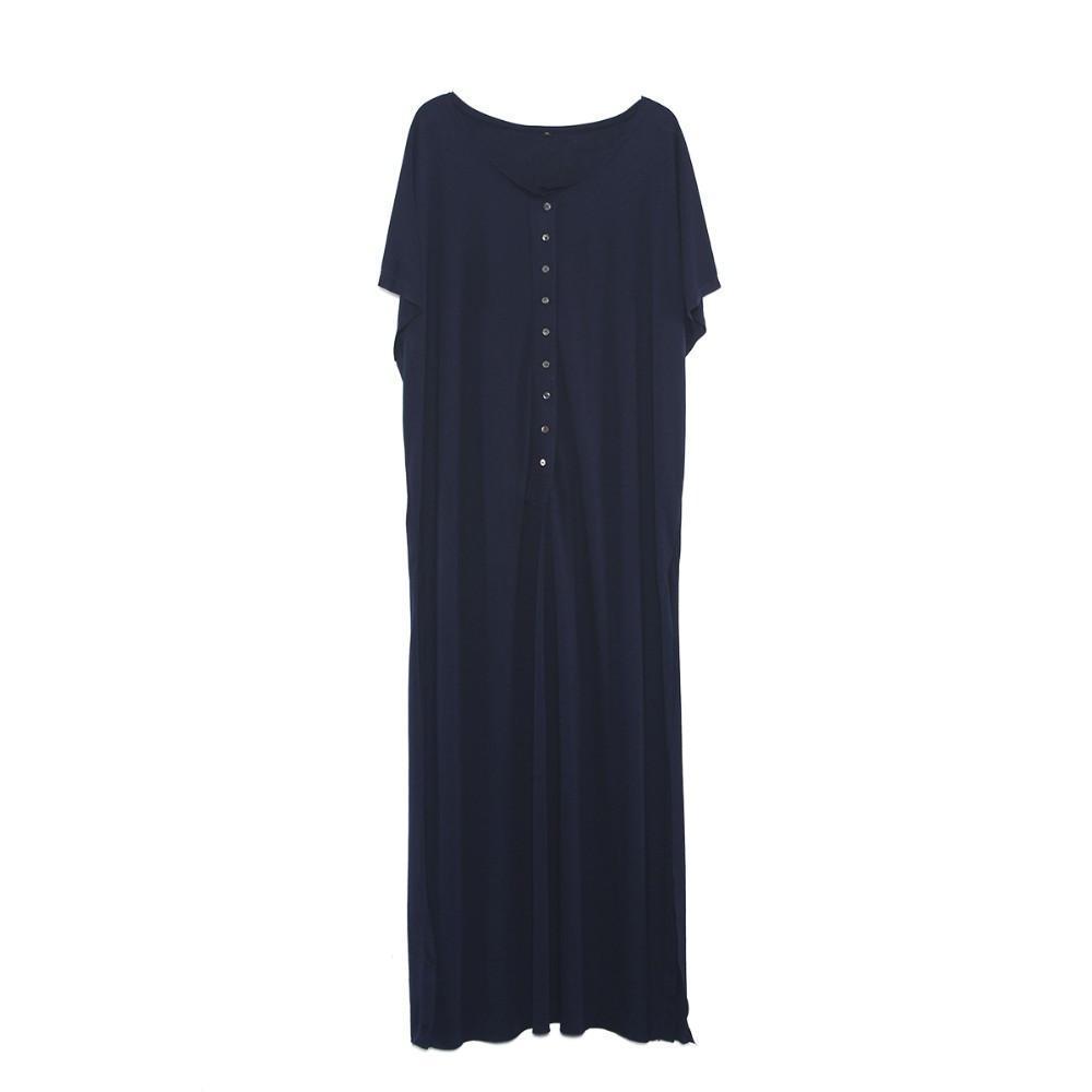 O-Neck Button Placket Maxi Dress