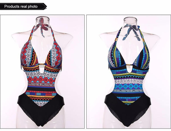 New One Piece Swimsuit Women Summer Bodysuit Sexy Halter Swimwear Vint