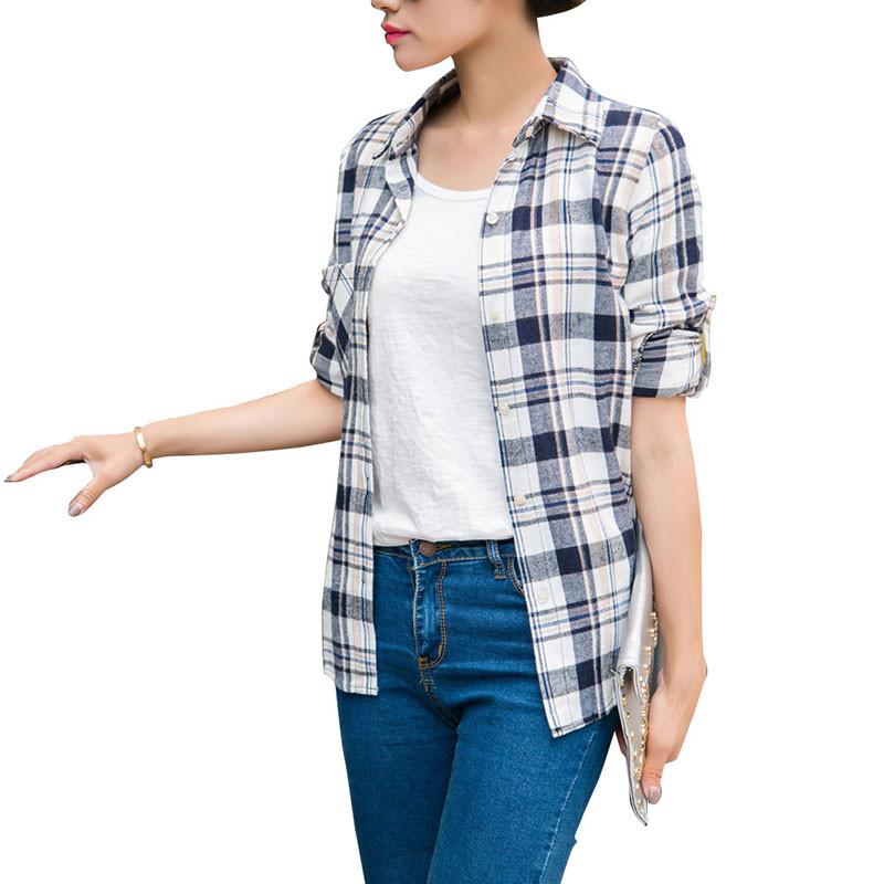 Women Classic Cotton-Blend Plaid Shirt turn-down collar pocket long sl