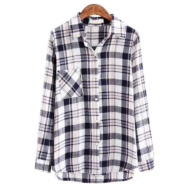 Women Classic Cotton-Blend Plaid Shirt turn-down collar pocket long sl