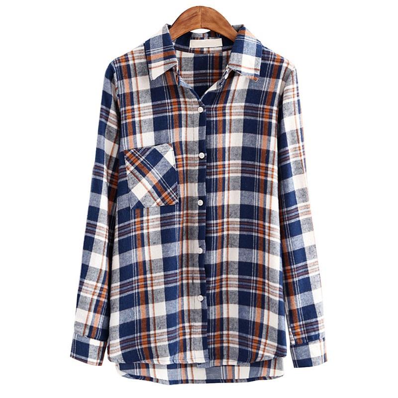 Women Classic Cotton-Blend Plaid Shirt turn-down collar pocket long sl