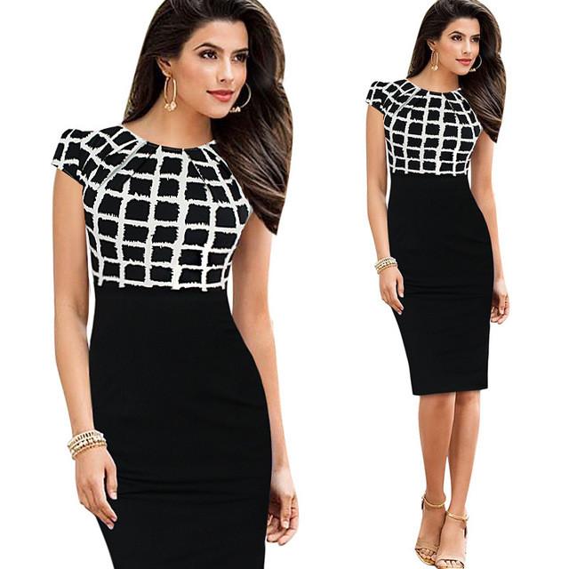 Women Check Plaid Cap Sleeve Work Dress High Waist Round Collar Slim D