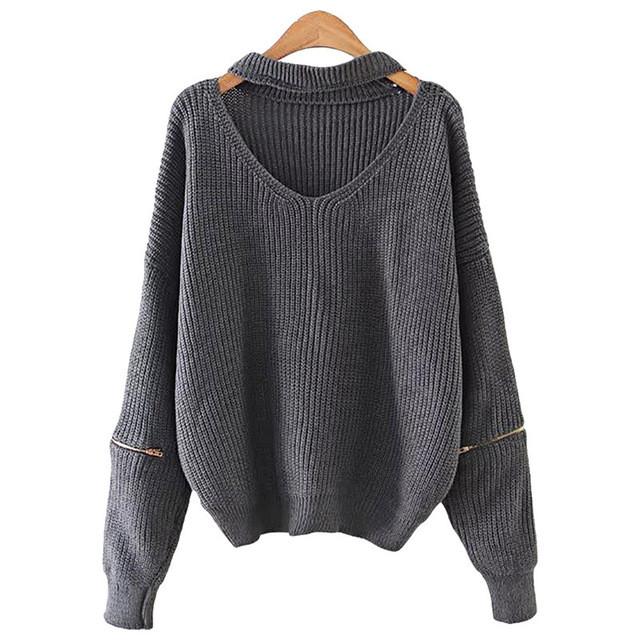 Gamiss Winter Halter V-neck Knitted Sweater Women Casual loose zipper