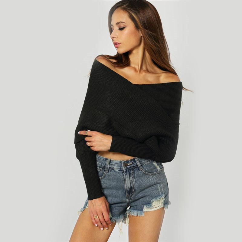 SheIn Women Crop Tops Batwing Sleeve Knitted Cardigan Female Fashion N