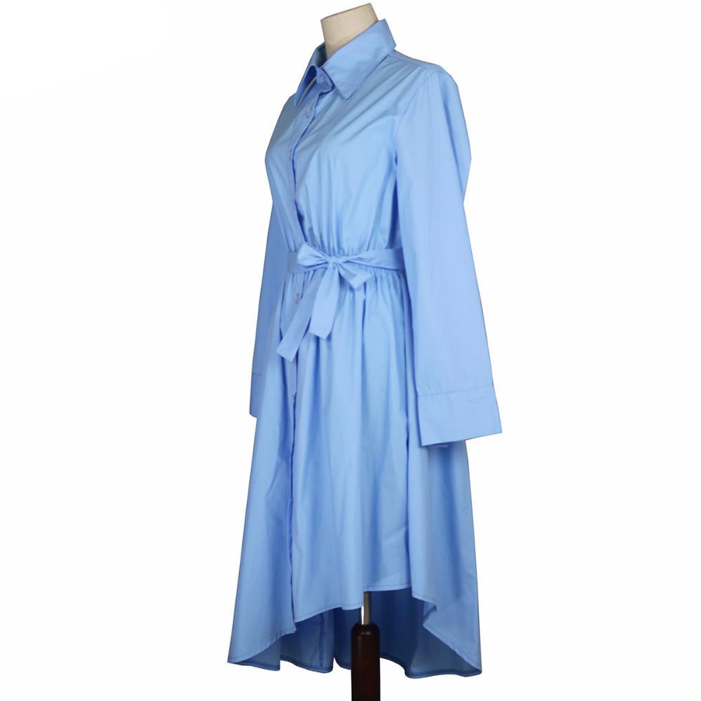 Summer Blue Long Sleeve Shirt Dress Office Ladies Irregular Fall Fashi