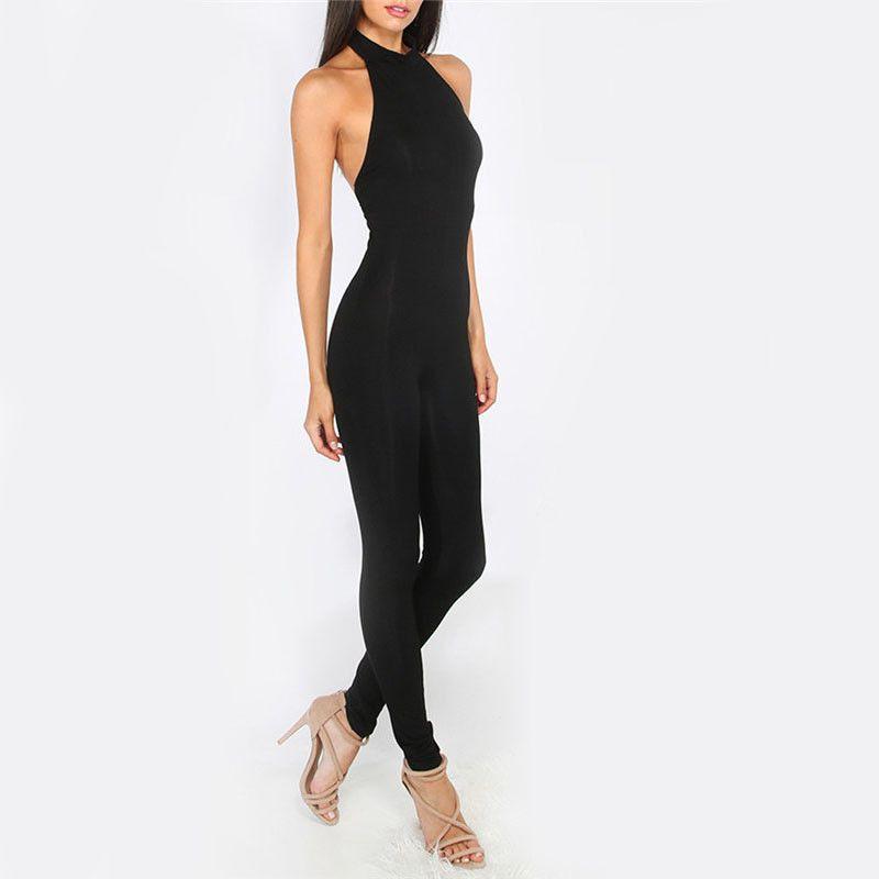 V Neck Backless Plain Sleeveless Jumpsuits